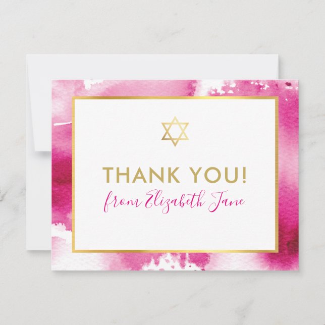 Tarjeta De Agradecimiento BAT MITZVAH gracias estrella dorada acuarela rosa (Anverso)