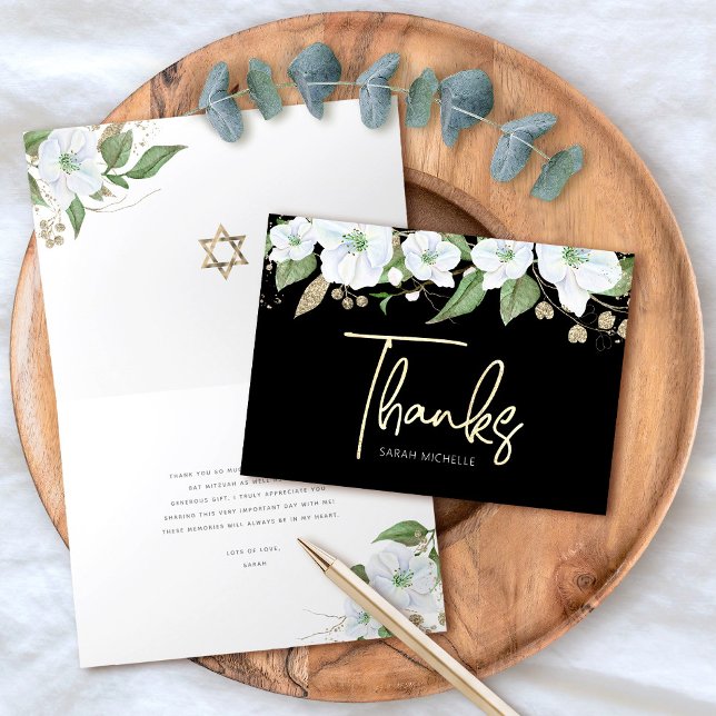Tarjeta De Agradecimiento Bat Mitzvah Negro Oro Script Acuarela Floral (Subido por el creador)