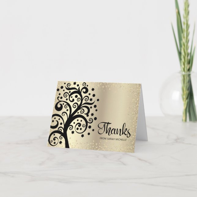 Tarjeta De Agradecimiento Bat Mitzvah Relieve metalizado dorado Black Tree o (Anverso)