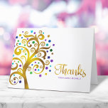 Tarjeta De Agradecimiento Bat Mitzvah Relieve metalizado dorado púrpura mode<br><div class="desc">¡Asegúrate de que tu favorito Bat Mitzvah muestre su aprecio a todos los que apoyaron su evento! ¡Envíe esta sofisticada tarjeta de agradecimiento personalizada! Este gráfico árbol de Relieve metalizado dorado falso con la estrella de David brillante, turquesa, verde azulada, morada y azul y las "hojas" de punto superpone un...</div>