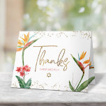 Tarjeta De Agradecimiento Bat Mitzvah Tropical Watercolor Floral Gold Script<br><div class="desc">¡Asegúrate de que tu favorito Bat Mitzvah muestre su aprecio a todos los que apoyaron su evento! ¡Envíe esta sofisticada tarjeta de agradecimiento personalizada! Elegantes, impresionantes, coloridas, aves acuáticas tropicales de flores del paraíso, escritura falsa de oro manuscrita, puntos Star of David y purpurinas, junto con sans serif rosa rosa...</div>