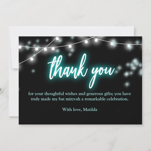 Tarjeta De Agradecimiento Bat Mitzvah Turquoise Neon Themed (Anverso)
