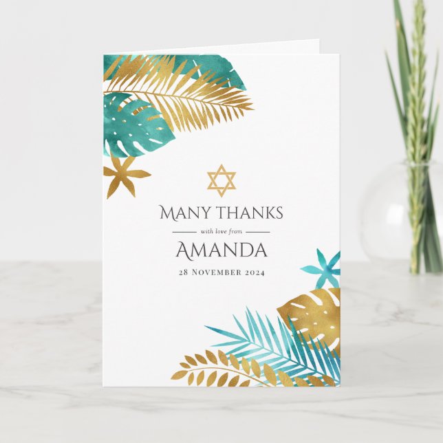 Tarjeta De Agradecimiento Bat Mitzvah verde azulado y Tropical de Oro (Anverso)