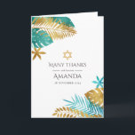 Tarjeta De Agradecimiento Bat Mitzvah verde azulado y Tropical de Oro<br><div class="desc">Expresar su gratitud con esta elegante tarjeta de agradecimiento, perfecta para una Bat Mitzvah o celebración judía. Con un diseño tropical con hojas de palma verde azuladas y doradas y una estrella de David, esta carta combina con gusto el estilo moderno con el simbolismo tradicional. Personalizable completo, es una forma...</div>