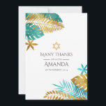 Tarjeta De Agradecimiento Bat Mitzvah verde azulado y Tropical de Oro<br><div class="desc">Expresar su gratitud con esta elegante tarjeta de agradecimiento, perfecta para una Bat Mitzvah o celebración judía. Con un diseño tropical con hojas de palma verde azuladas y doradas y una estrella de David, esta carta combina con gusto el estilo moderno con el simbolismo tradicional. Personalizable completo, es una forma...</div>