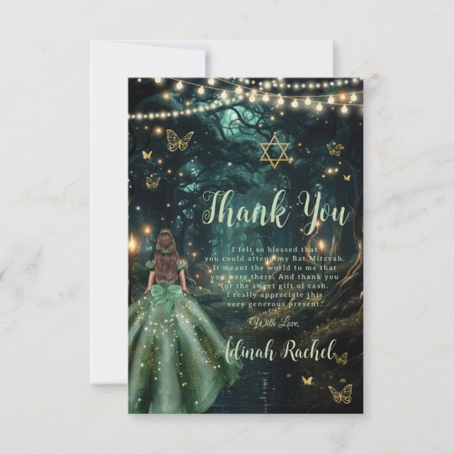 Tarjeta De Agradecimiento Bat Mitzvah vestido verde de esmeralda de los bosq (Anverso)