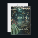 Tarjeta De Agradecimiento Bat Mitzvah vestido verde de esmeralda de los bosq<br><div class="desc">Personalice esta encantadora tarjeta de agradecimiento Bat Mitzvah fácil y rápidamente. Simplemente haga clic en el botón Editar usando herramientas de diseño para editar el texto, cambiar estilos de fuente y colores de fuente. Con un chica vestido con un vestido verde esmeralda y un fondo forestal encantado. Las mariposas, el...</div>