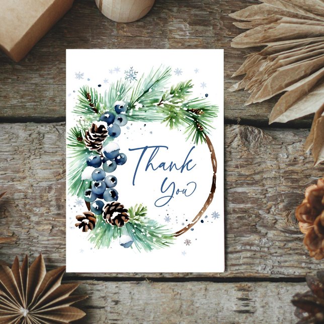 Tarjeta De Agradecimiento Batería de pinos acuáticos de lluvia de invierno (Winter bridal shower watercolor pine wreath thank you card snowy pines cones winter blue berries)