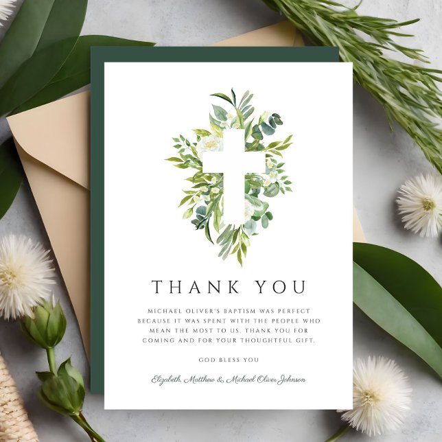 Tarjeta De Agradecimiento Bautismo Botánico Verde Cruzado Religioso (Religious Cross Green Botanical Baptism Thank You Card)