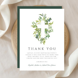 Tarjeta De Agradecimiento Bautismo Botánico Verde Cruzado Religioso