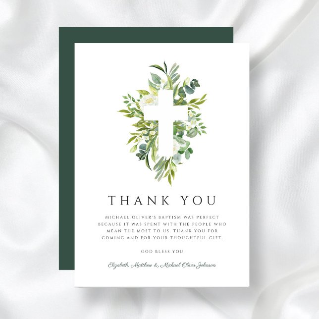 Tarjeta De Agradecimiento Bautismo Botánico Verde Cruzado Religioso (Religious Cross Green Botanical Baptism Thank You Card)