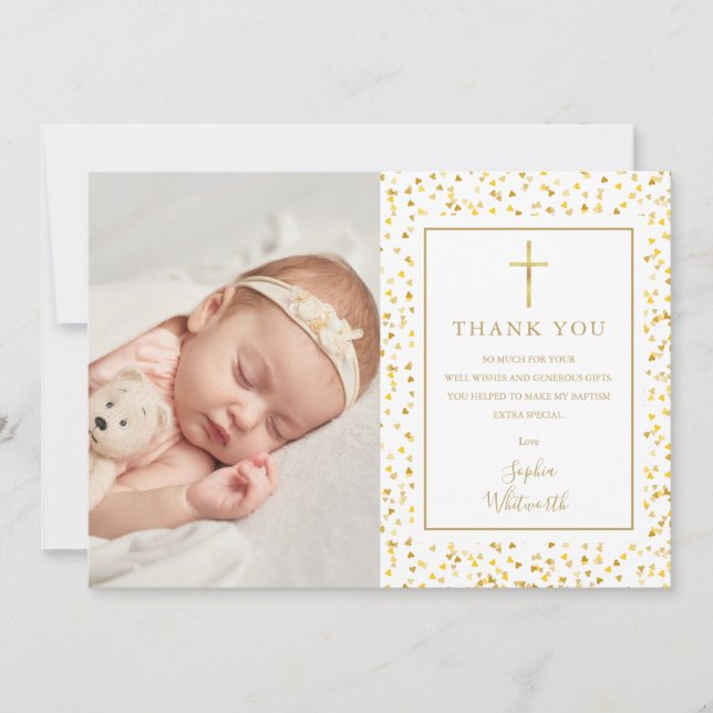 Tarjeta De Agradecimiento Bautismo Christening Gold Hearts Confetti Photo (Anverso)