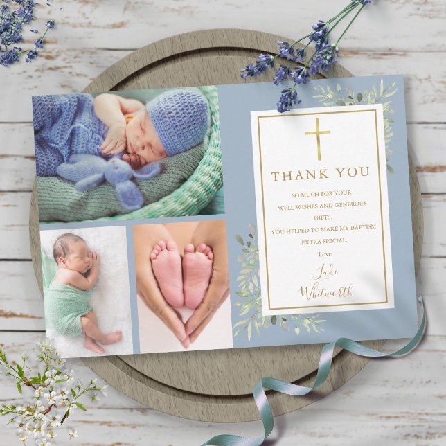 Tarjeta De Agradecimiento Bautismo Christening Greenerenery 3 Photo Dusty Bl (Baptism Christening Greenery 3 Photo Dusty Blue Thank You Card)