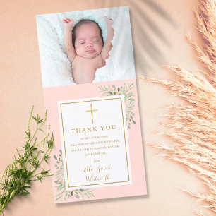 Tarjeta De Agradecimiento Bautismo Cristiandad Verde Foto Rosa Beige
