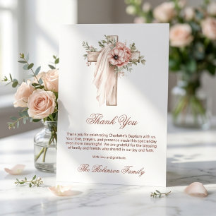 Tarjeta De Agradecimiento Bautismo de cruz floral rosa sonrosado