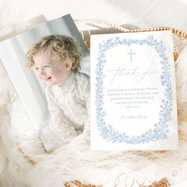 Tarjeta De Agradecimiento Bautismo de flores vintage toile azul claro
