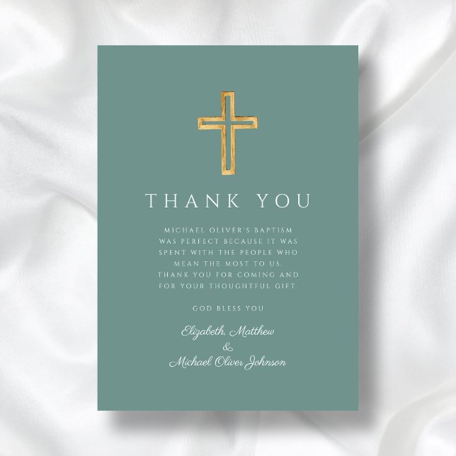 Tarjeta De Agradecimiento Bautismo de la Cruz Verde Moderna (Modern Green Cross Baptism Thank You Card)