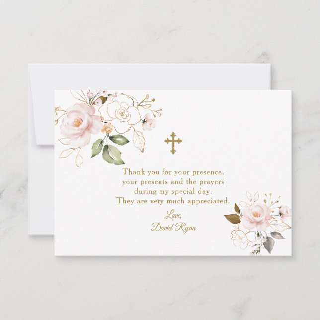 Tarjeta De Agradecimiento Bautismo dorado floral elegante de acuarela rosa (Anverso)