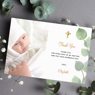 Tarjeta De Agradecimiento Bautismo eucalipto personalizado foto oro blanco