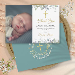 Tarjeta De Agradecimiento Bautismo floral acuarela, foto cristiana