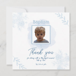 Tarjeta De Agradecimiento Bautismo Floral Azul - Clásico y Elegante