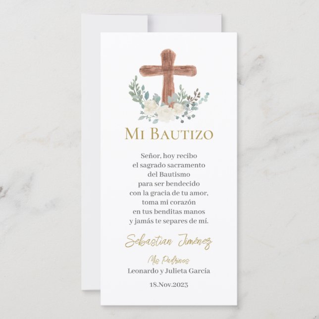 Tarjeta De Agradecimiento Bautismo floral blanco (Anverso)
