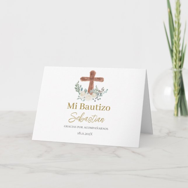 Tarjeta De Agradecimiento Bautismo floral blanco español (Anverso)