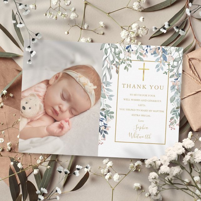 Tarjeta De Agradecimiento Bautismo Floral Foliage Foto Oro (Baptism Christening Floral Foliage Photo Gold Thank You Card)