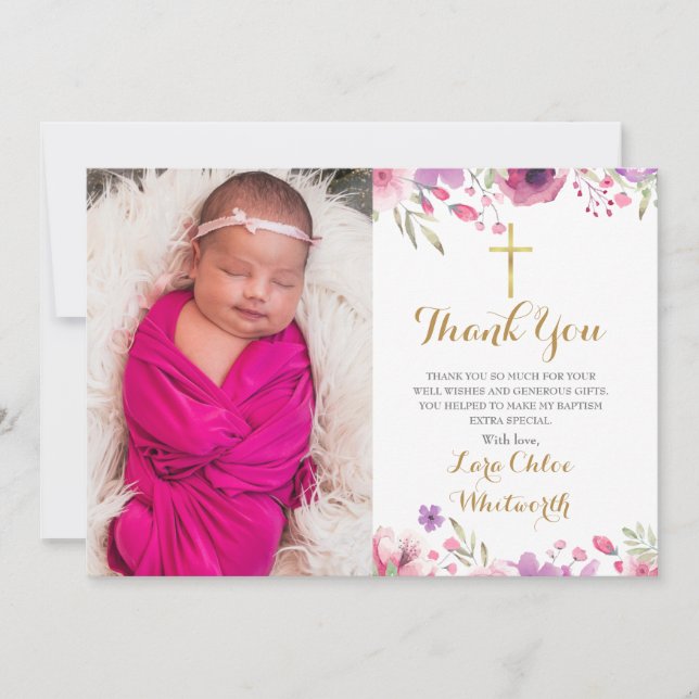 Tarjeta De Agradecimiento Bautismo floral, guión gráfico de la cristiandad (Anverso)