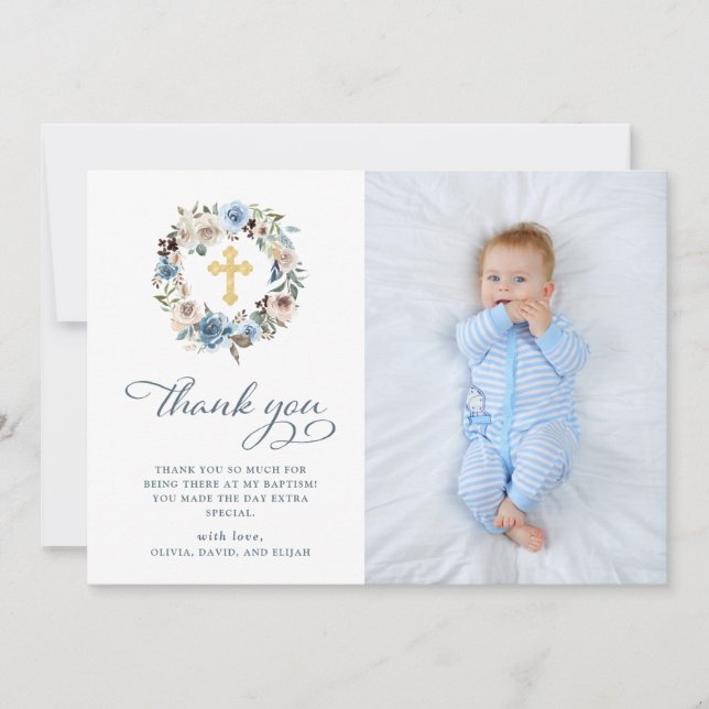 Tarjeta De Agradecimiento Bautismo floral neutral y azul de la foto del | (Anverso)