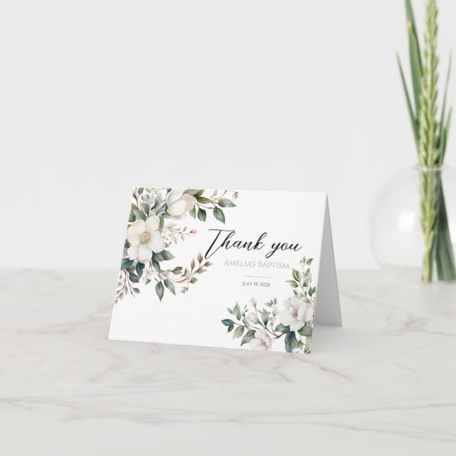Tarjeta De Agradecimiento Bautismo floral verde sabio (Anverso)