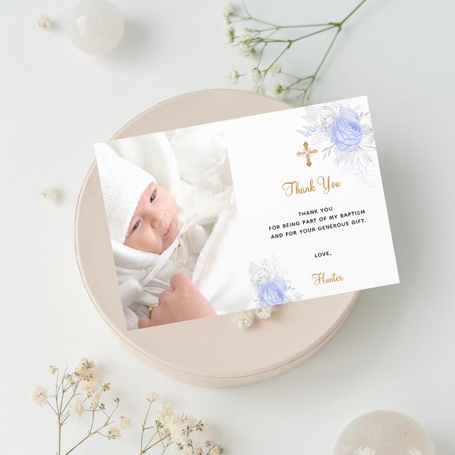Tarjeta De Agradecimiento Bautismo florines azules personalizado foto niño d (Subido por el creador)