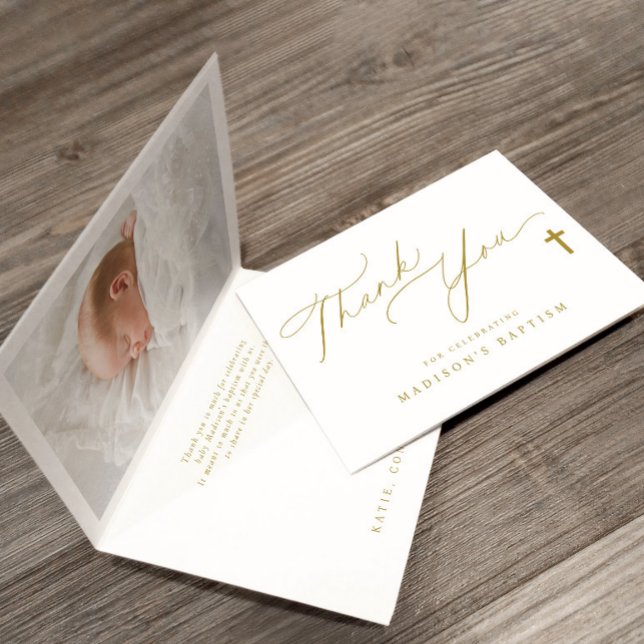 Tarjeta De Agradecimiento Bautismo fotográfico elegante de la Cruz de Oro (Baptism thank you cards - elegant gold cross simple design with baby's photo on inside of card.)