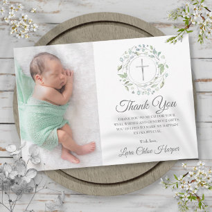 Tarjeta De Agradecimiento Bautismo, Laurel Floral Foto de Bautizo