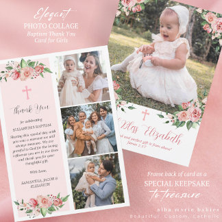 Tarjeta De Agradecimiento Bautismo multifoto con flores rosadas para Chicas
