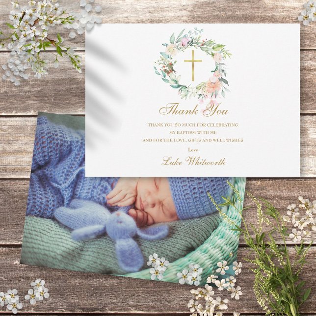 Tarjeta De Agradecimiento Bautismo Rosa Floral Foto Oro (Baptism Christening Roses Floral Photo Gold Thank You Card)