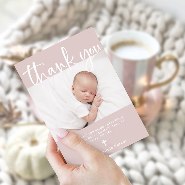 Tarjeta De Agradecimiento Bautismo | Rosa simple mínimo con foto (An elegant, blush pink Baptism thank you card with photo and a cross)