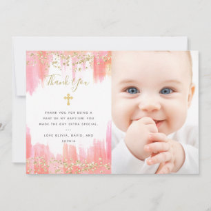 Tarjeta De Agradecimiento Bautismo rosado elegante de la foto de la acuarela