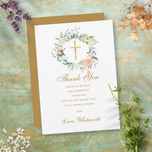 Tarjeta De Agradecimiento Bautismo Rosas Florales Dorado Script