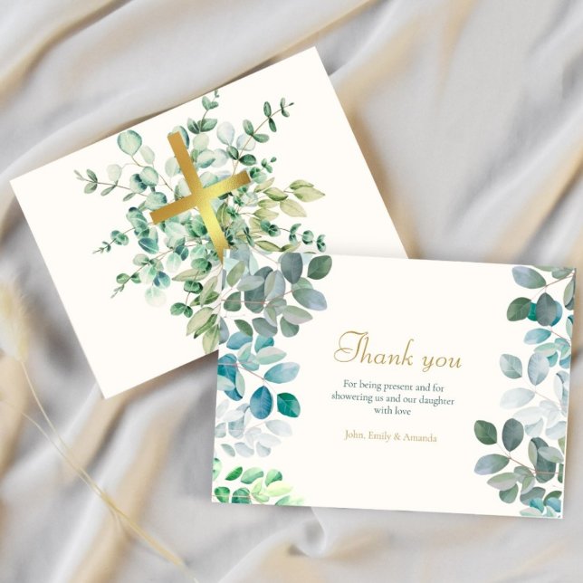 Tarjeta De Agradecimiento Bautismo Rústico de Floral Verde Oro (Subido por el creador)