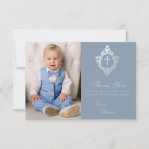 Tarjeta De Agradecimiento Bautizo Azul Polvo Cresta Cruz Elegante Niño Foto
