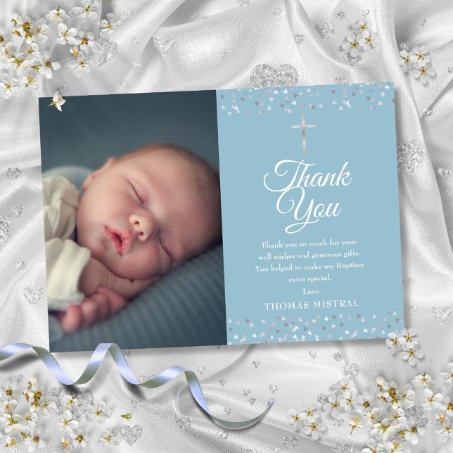 Tarjeta De Agradecimiento Bautizo Corazones de Plata Foto (Baptism Christening Silver Hearts Photo Thank You Card)