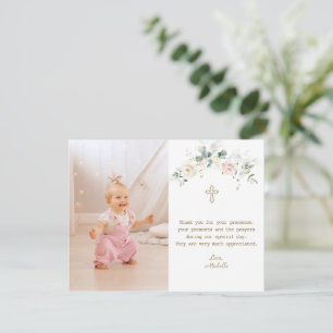 Tarjeta De Agradecimiento Bautizo de niña con flores blancas y rosadas chic 