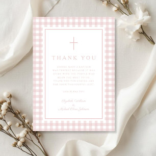 Tarjeta De Agradecimiento Bautizo de niña elegante de cuadros rosados