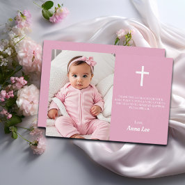 Tarjeta De Agradecimiento Bautizo Elegante Cruz Blanca Polvo Rosa