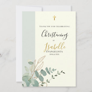 Tarjeta De Agradecimiento Bautizo elegante de eucalipto verde y dorado