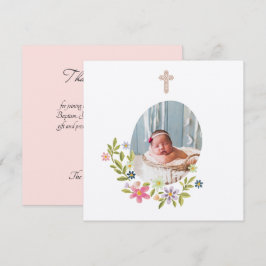 Tarjeta De Agradecimiento Bautizo Floral Rosa Suave