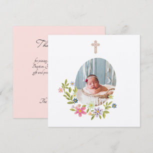 Tarjeta De Agradecimiento Bautizo Floral Rosa Suave