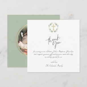 Tarjeta De Agradecimiento Bautizo Minimalista Verde y Dorado