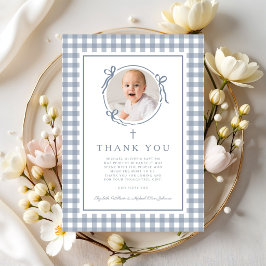 Tarjeta De Agradecimiento Bautizo Niño Foto Gingham Azul Polvoriento